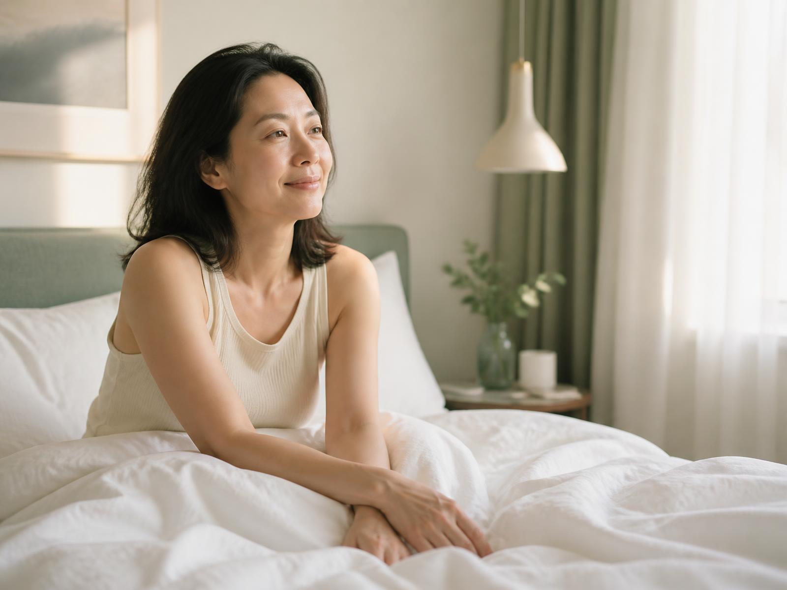 Woman waking up rested after treating her sleep apnea